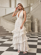 Lace Halter Plunging V-Neck Tiered Ruffle Mermaid Maxi Gown
