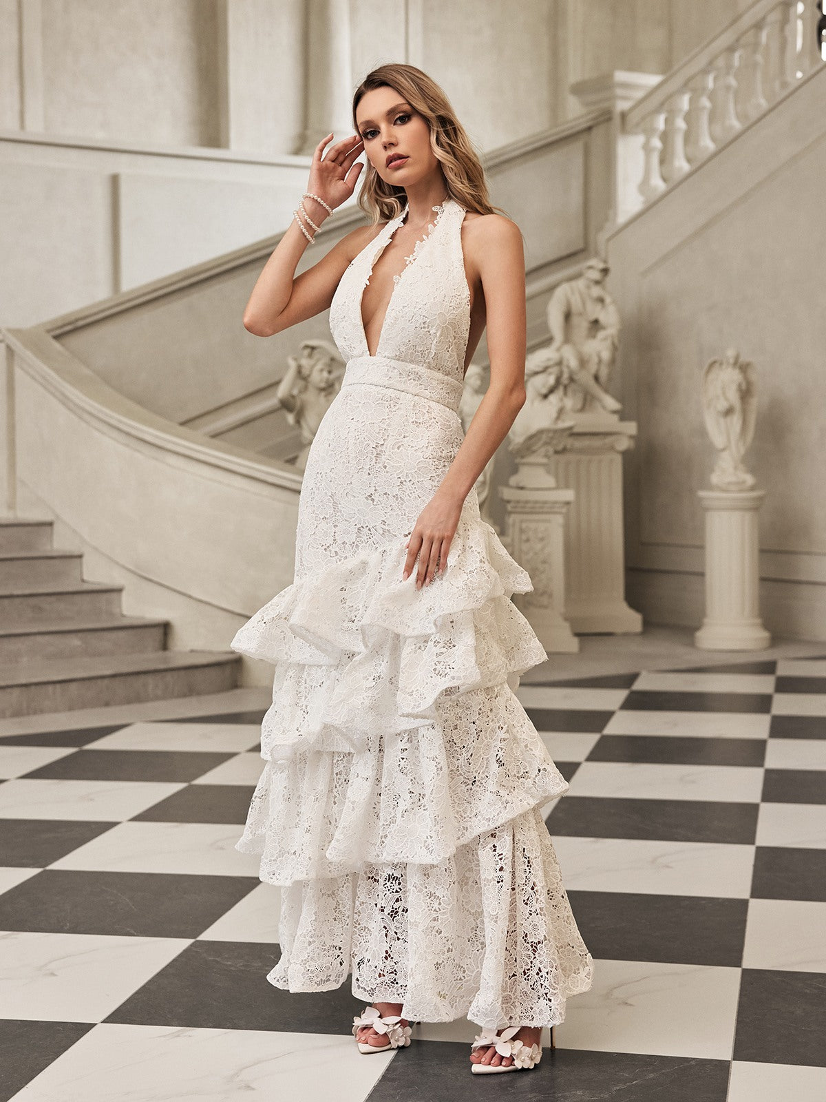 Lace Halter Plunging V-Neck Tiered Ruffle Mermaid Maxi Gown