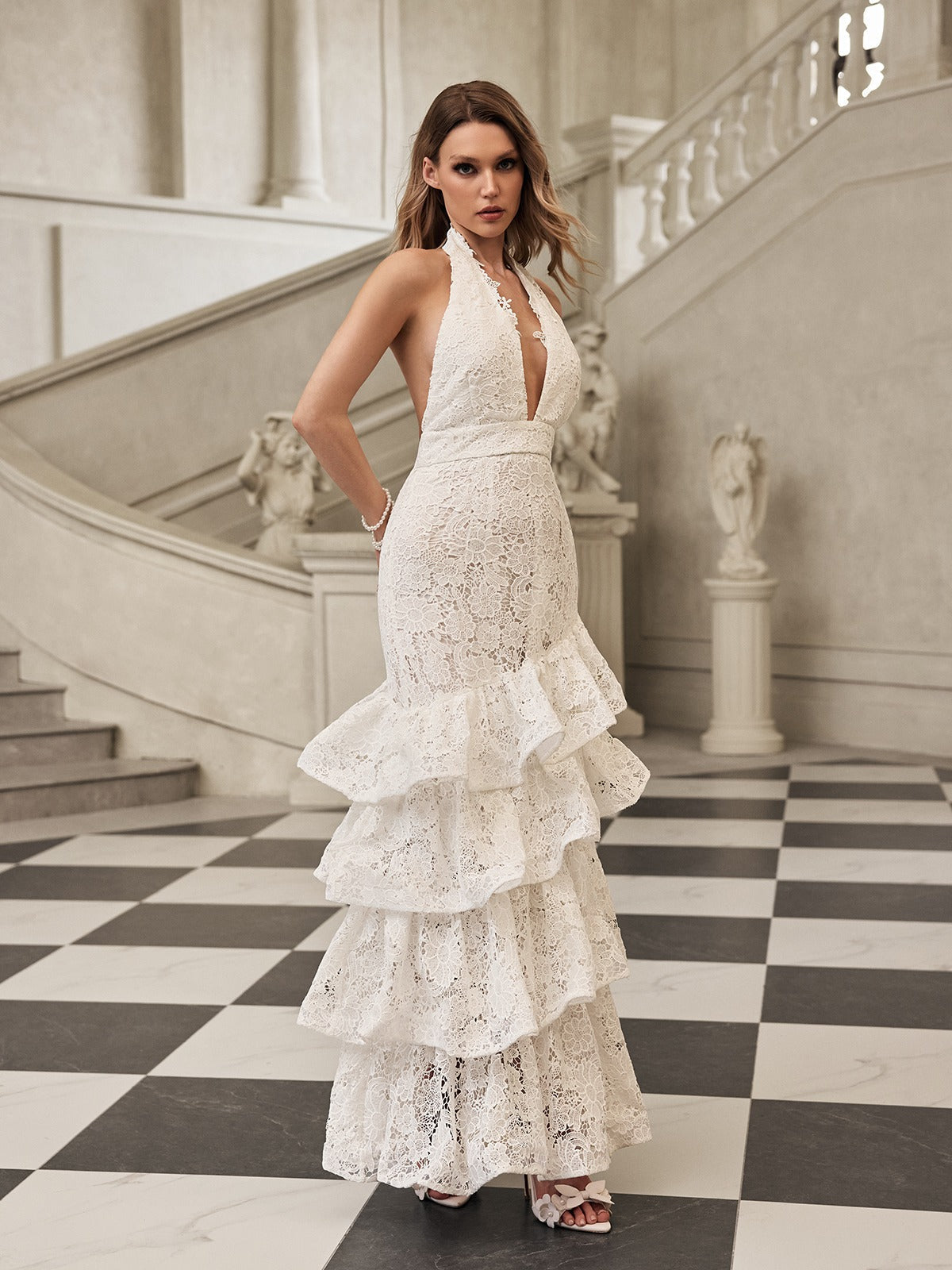 Lace Halter Plunging V-Neck Tiered Ruffle Mermaid Maxi Gown