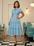 Vintage Dress Women's Elegant Tiered Midi Dress Short Flutter Sleeve Tie Front Fit And Flare Dress