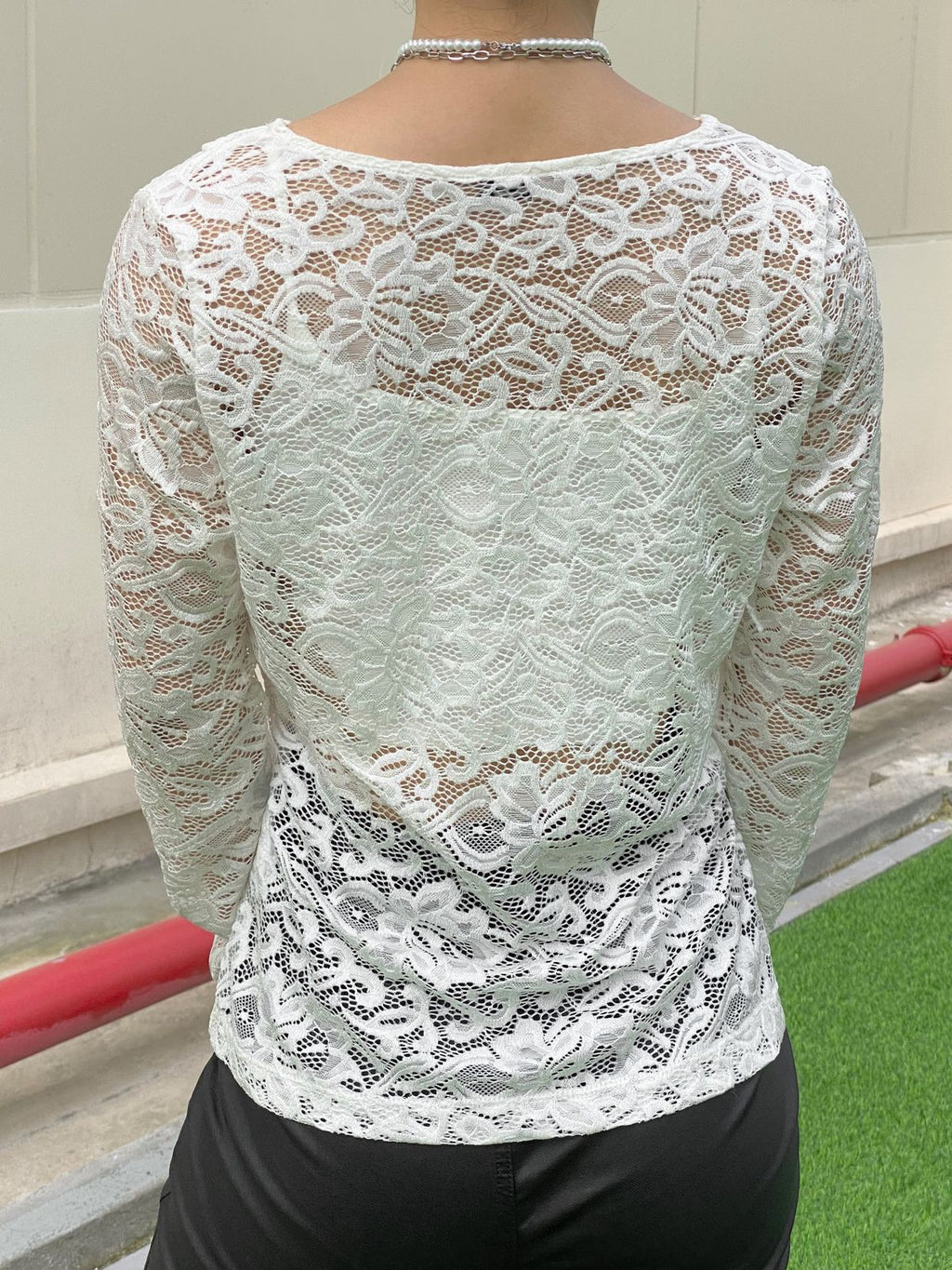 V Neck Long Sleeve Sheer Lace Blouse