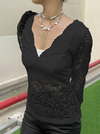 V Neck Long Sleeve Sheer Lace Blouse