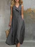Solid Color Button Midi Dress For Women