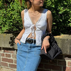 Lace Patchwork Bow Tie Crop Top
