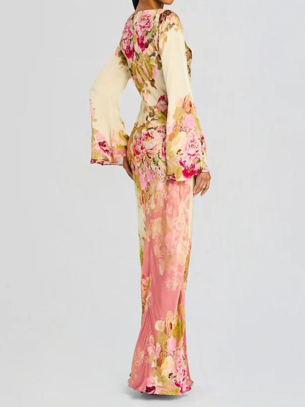 Boat Neck Bell Cuff Long Sleeve Large Floral Print Column Maxi Gown