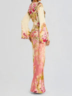 Boat Neck Bell Cuff Long Sleeve Large Floral Print Column Maxi Gown