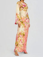 Boat Neck Bell Cuff Long Sleeve Large Floral Print Column Maxi Gown