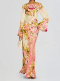 Boat Neck Bell Cuff Long Sleeve Large Floral Print Column Maxi Gown
