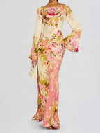 Boat Neck Bell Cuff Long Sleeve Large Floral Print Column Maxi Gown