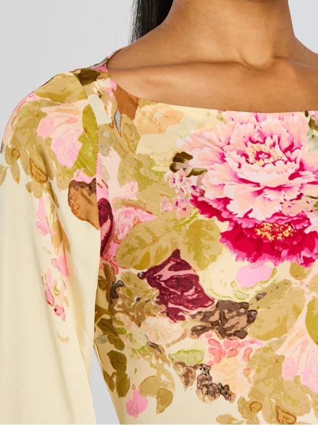 Boat Neck Bell Cuff Long Sleeve Large Floral Print Column Maxi Gown