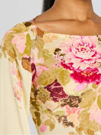 Boat Neck Bell Cuff Long Sleeve Large Floral Print Column Maxi Gown