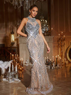 Sequin Beaded Illusion High Neck Mermaid Maxi Gown