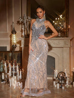 Sequin Beaded Illusion High Neck Mermaid Maxi Gown