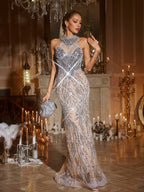 Sequin Beaded Illusion High Neck Mermaid Maxi Gown