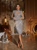 Rhinestone Mesh Illusion High Neck Long Sleeve Bodycon Midi Dress