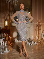 Rhinestone Mesh Illusion High Neck Long Sleeve Bodycon Midi Dress
