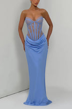 Kathleen Floral Lace Contrast Structural Detail Back Lace-up Satin Hem Strapless Maxi Dress