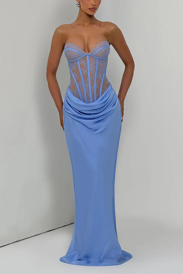 Kathleen Floral Lace Contrast Structural Detail Back Lace-up Satin Hem Strapless Maxi Dress