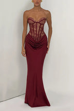 Kathleen Floral Lace Contrast Structural Detail Back Lace-up Satin Hem Strapless Maxi Dress