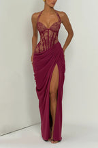 Bonita Floral Lace Contrast Structural Detail Asymmetrical Pleats Halter Slit Maxi Dress