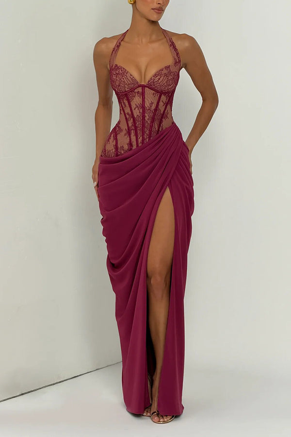 Bonita Floral Lace Contrast Structural Detail Asymmetrical Pleats Halter Slit Maxi Dress