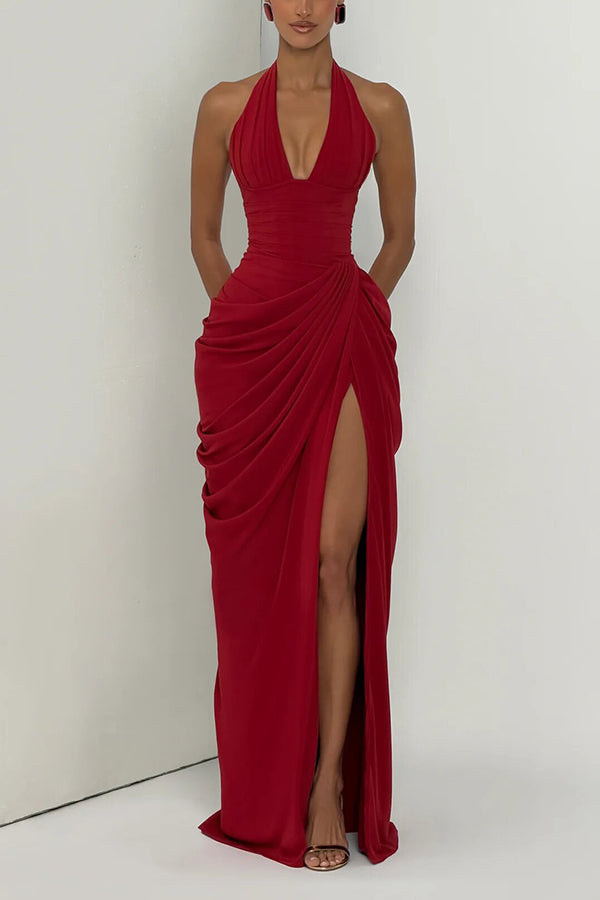 Minette Halter Back Lace-up Asymmetrical Pleats Slit Maxi Dress