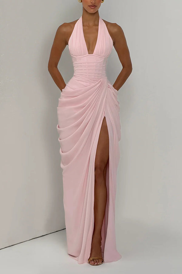 Minette Halter Back Lace-up Asymmetrical Pleats Slit Maxi Dress
