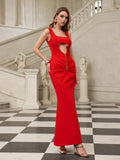Square Neck Heart Cut Out Ruched Button Detail Bandage Maxi Gown