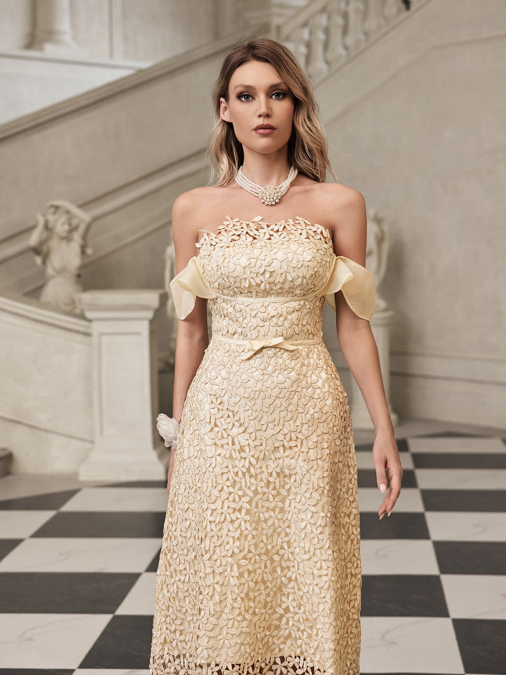 Off Shoulder Floral Lace Ruffle Sleeve Bow Belt Midi Dress