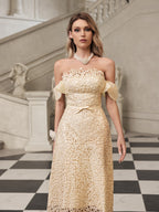Off Shoulder Floral Lace Ruffle Sleeve Bow Belt Midi Dress