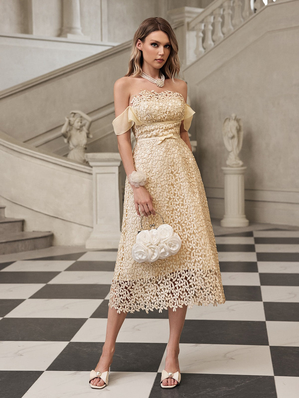 Off Shoulder Floral Lace Ruffle Sleeve Bow Belt Midi Dress