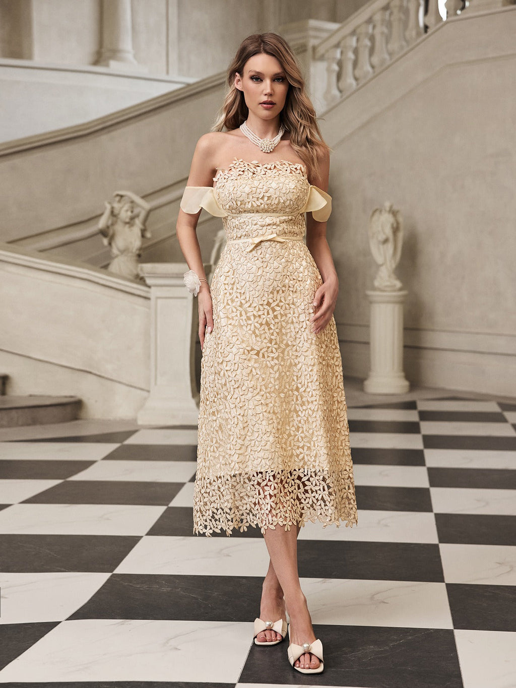 Off Shoulder Floral Lace Ruffle Sleeve Bow Belt Midi Dress