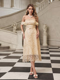 Off Shoulder Floral Lace Ruffle Sleeve Bow Belt Midi Dress