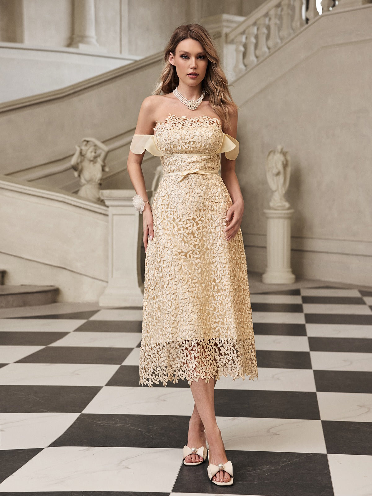 Off Shoulder Floral Lace Ruffle Sleeve Bow Belt Midi Dress