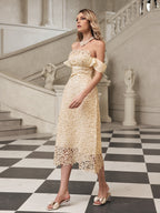 Off Shoulder Floral Lace Ruffle Sleeve Bow Belt Midi Dress