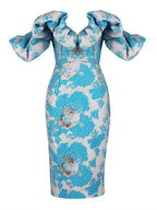 Giselle Jacquard Off Shoulder Midi Dress In Blue