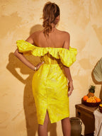 Giselle Jacquard Off Shoulder Midi Dress In Yellow