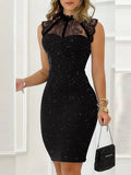Glitter Mesh Lace Yoke Sleeveless Bodycon Knee Length Dress