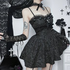 Jacquard Applique Lace Trim Spaghetti Strap A-Line Mini Dress