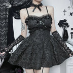 Jacquard Applique Lace Trim Spaghetti Strap A-Line Mini Dress