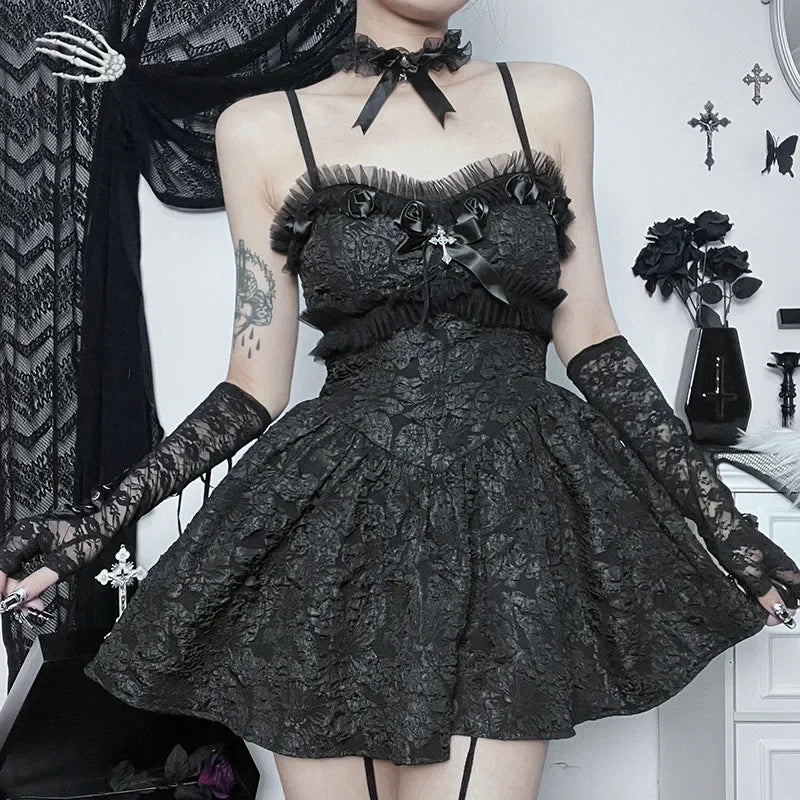 Jacquard Applique Lace Trim Spaghetti Strap A-Line Mini Dress