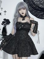 Jacquard Applique Lace Trim Spaghetti Strap A-Line Mini Dress