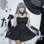 Jacquard Applique Lace Trim Spaghetti Strap A-Line Mini Dress