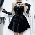 Velvet Lace-Up Corset Cross Pendant Halter Neck Lace Trim A-Line Mini Dress