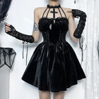 Velvet Lace-Up Corset Cross Pendant Halter Neck Lace Trim A-Line Mini Dress