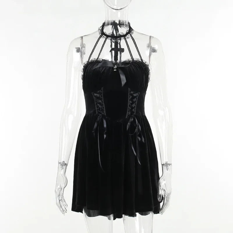 Velvet Lace-Up Corset Cross Pendant Halter Neck Lace Trim A-Line Mini Dress