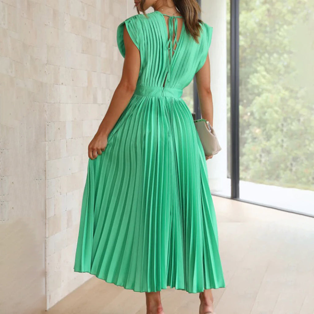 Metallic Sunray Pleated Deep V-Neck Wide Strap Midi Dress