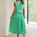 Metallic Sunray Pleated Deep V-Neck Wide Strap Midi Dress