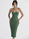 Floral Lace Bustier Cup Spaghetti Strap Scalloped Hem Bodycon Midi Dress