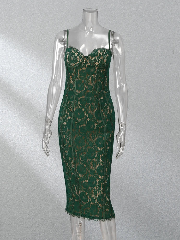Floral Lace Bustier Cup Spaghetti Strap Scalloped Hem Bodycon Midi Dress